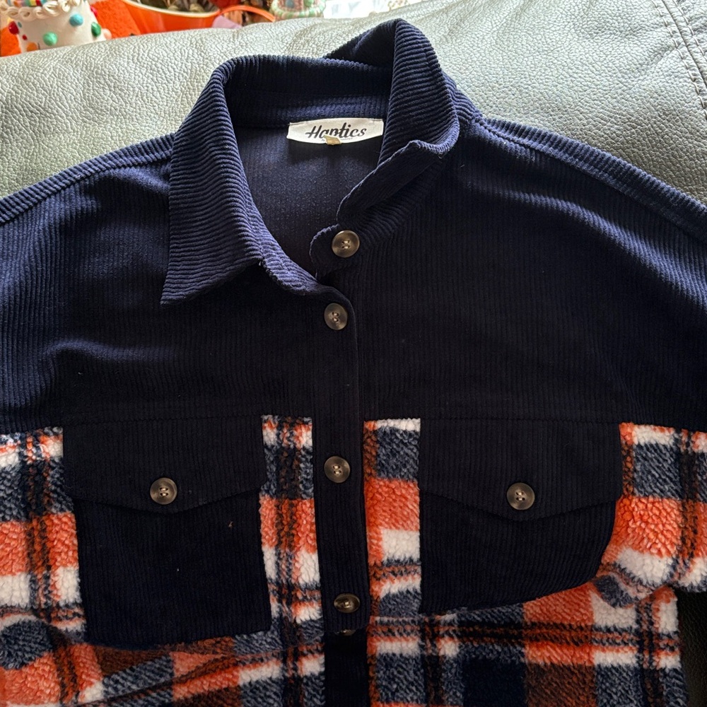 Haptics navy and orange plaid Sherpa and Corduroy shacket